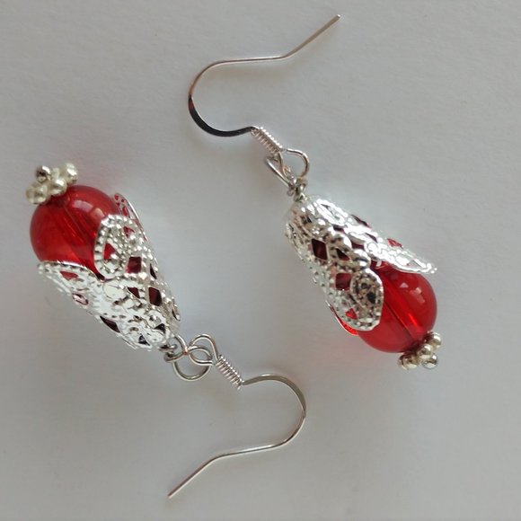 Handmade Red and Silver Filigree Beaded Earrings On Silver Tone Fishhooks 1.75in - Picture 11 of 14